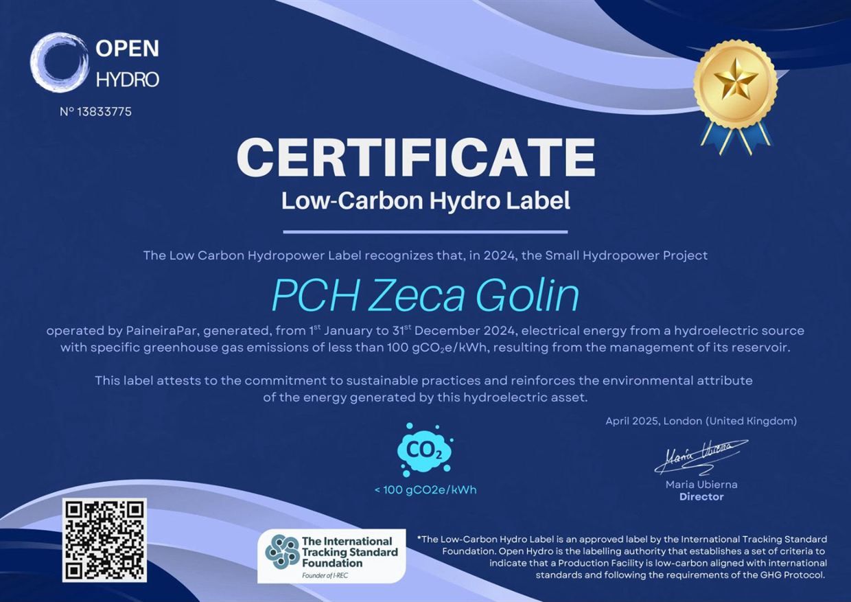 Certificado Low-Carbon Hydro Label, PCH Zeca Golin